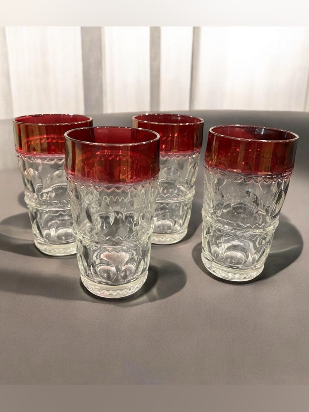 Tiffin-Franciscan King's Crown Vintage Highball Red Rim Glass Tumblers Set of 4